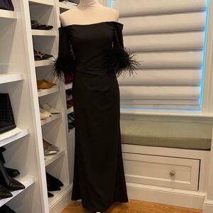 Like New Off-Shoulder Black Evening Gown with Feather Cuffs Sz 2
